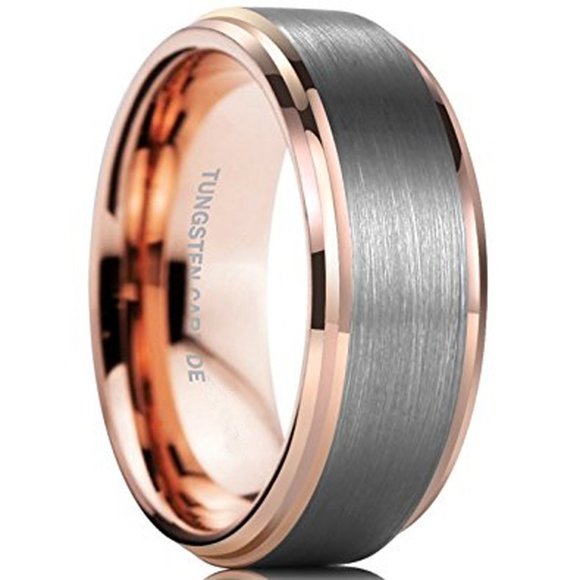 TUNGSTORY Tungsten Carbide Rings for Men, 8mm Two-Tone  Womens or Men\'s Tungsten Wedding Band (8mm). Silver and Rose Gold Duo Tone Top